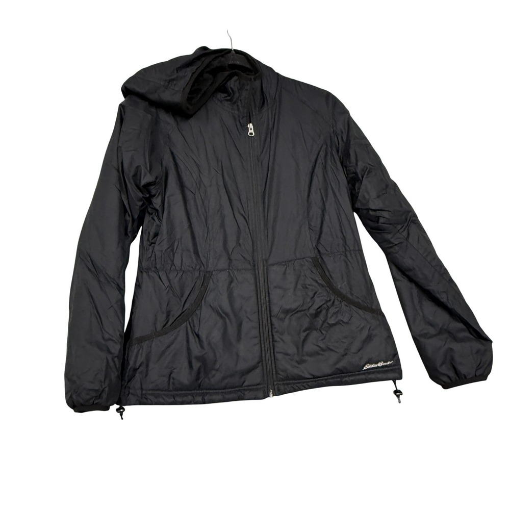 Eddie Bauer Jacket Womens Small Black Hooded Fleece Lined Zip Windbreaker Casual